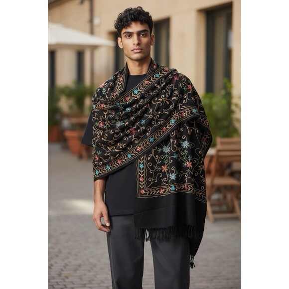 Cashmere Pashmina Floral Jeweled Embroidered Shawl Wrap Made in India 30"x72" - Picture 3 of 9